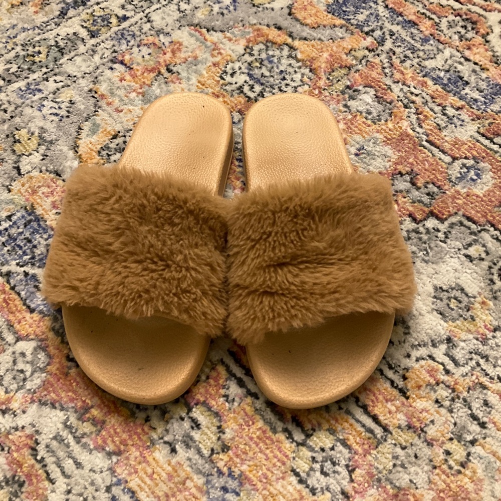 Camel Brown Fuzzy Slipper Slides - image 2